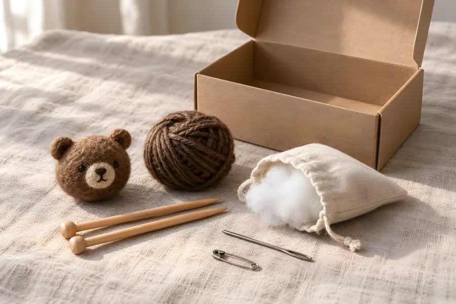 Inhalt einer Strickpackung auf Leinen: kleiner Bärenkopf aus Filz, Wollknäuel, zwei Holzstricknadeln, Beutel mit Füllwatte, Sticknadel und Sicherheitsnadel vor einem offenen Karton