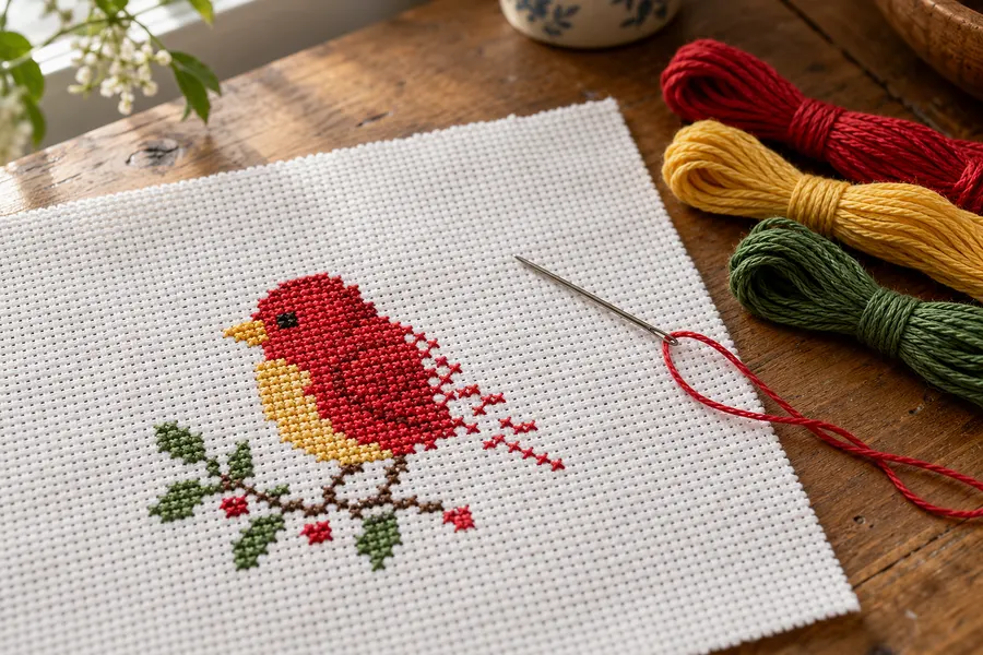 Halb gestickter roter Vogel im Kreuzstich auf weißem Aida-Stoff, daneben Stickgarn in Rot, Gelb und Grün und eine Sticknadel